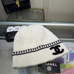 Chanel Striped Trim White Knit Beanie
